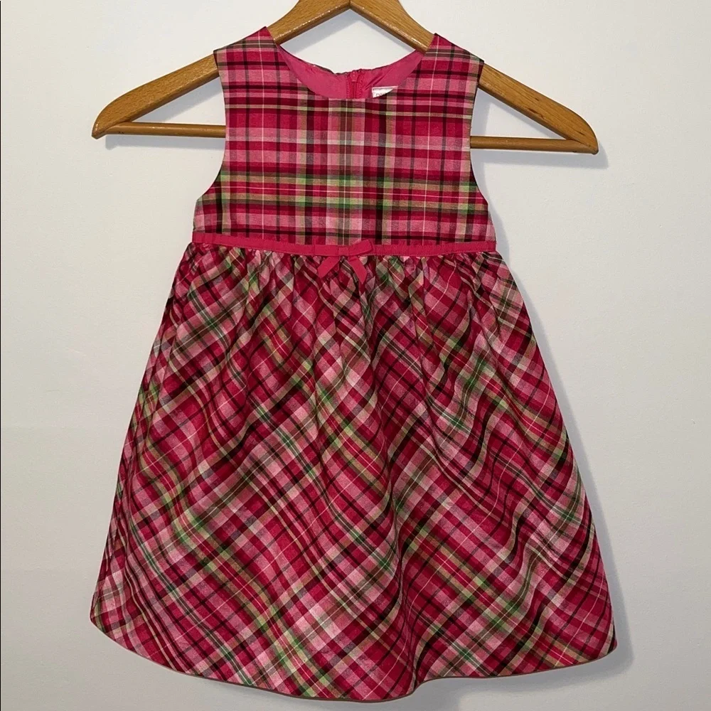 GYMBOREE Cheery All The Way Sleeveless Plaid Dress Bow Ribbon Holiday Pink EUC